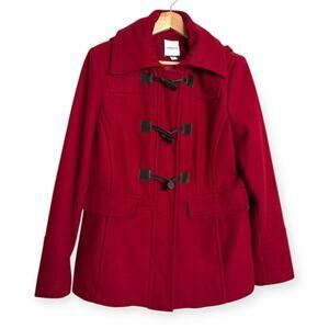 Croft & Barrow Red Wool Blend Hooded Toggle Button Short Pea Coat Women's M